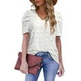 thumbnail image 1 of Liacowi Women Short Puff Sleeve Tops with Jacquard Pattern V Neck Casual Style Summer Clothing, 1 of 5