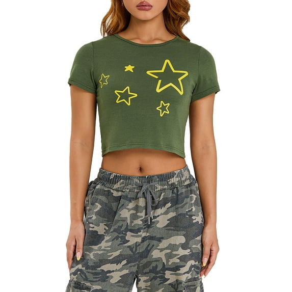 Liacowi Women Short Sleeve Crop Tops Stars Print Graphic Basic T-Shirt Skinny Tops Streetwear