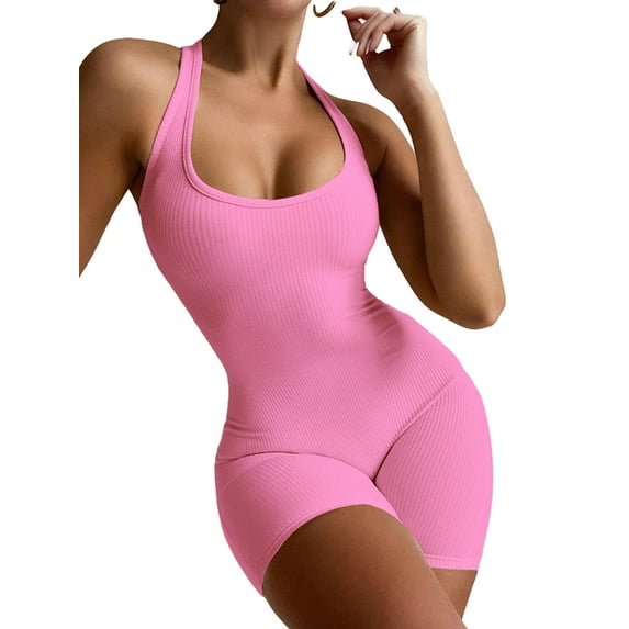Liacowi Women Sleeveless Bodycon Romper Sexy Deep V-Neck Slim Fit Short Jumpsuit Ribbed One Piece Playsuits Bodysuits
