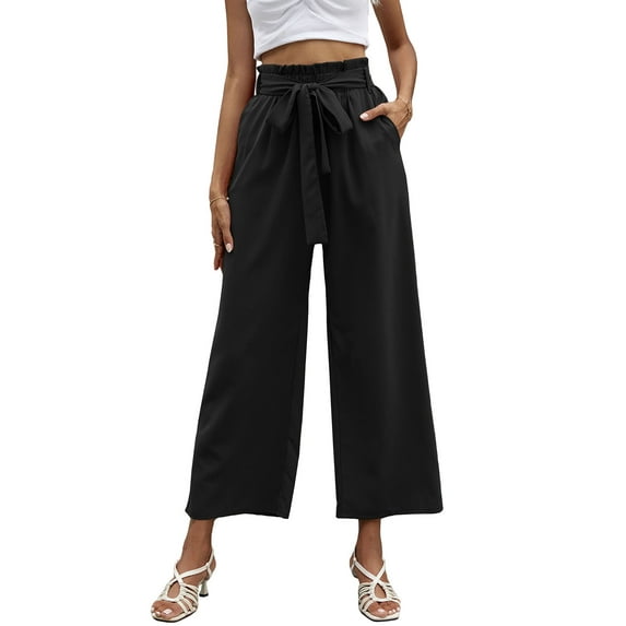 Liacowi Women Solid Color Elegant Wide Leg Cropped Pants with Pockets Female Loose Fit Paper Bag Waist Trousers with Belt Trendy Office Wear