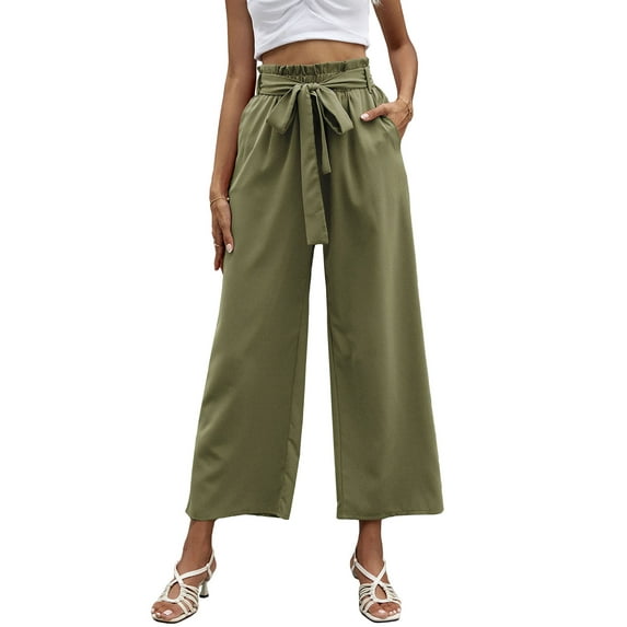 Liacowi Women Solid Color Elegant Wide Leg Cropped Pants with Pockets Female Loose Fit Paper Bag Waist Trousers with Belt Trendy Office Wear