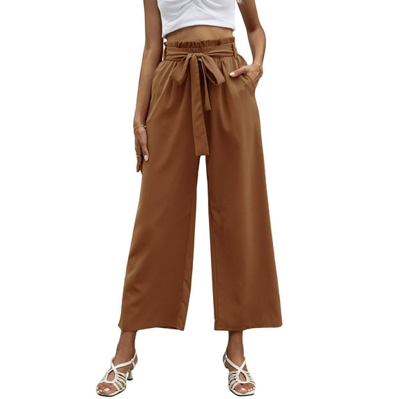 Liacowi Women Solid Color Elegant Wide Leg Cropped Pants with Pockets Female Loose Fit Paper Bag Waist Trousers with Belt Trendy Office Wear