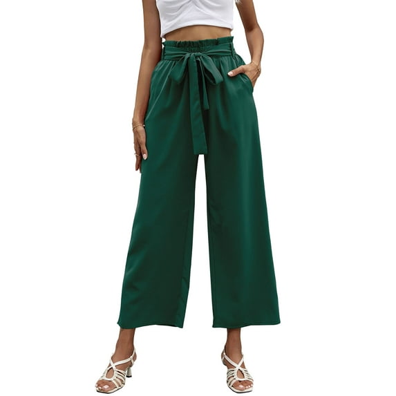 Liacowi Women Solid Color Elegant Wide Leg Cropped Pants with Pockets Female Loose Fit Paper Bag Waist Trousers with Belt Trendy Office Wear