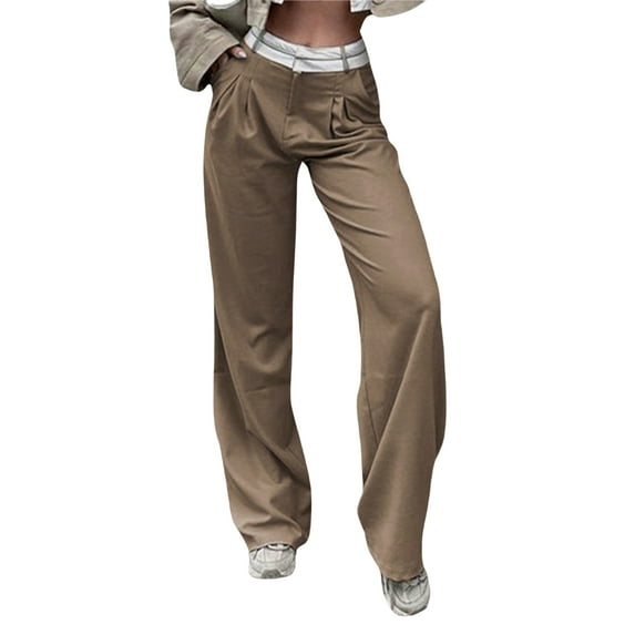 Liacowi Women Straight Leg Pants High Waist Contrast Color Floor Length Suit Pants Casual Cargo Trousers Spring Autumn Streetwear