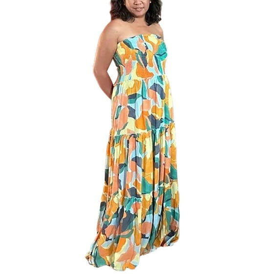 Liacowi Women Strapless Tube Long Dress Summer Boho Print Backless Pleated Dress Beach Maxi Dresses Streetwear