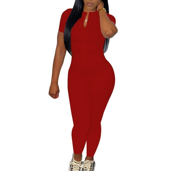 Liacowi Women Stretchy Bocyon Jumpsuit Solid Color Short Sleeve Zip Sportwear One Piece Bodysuit