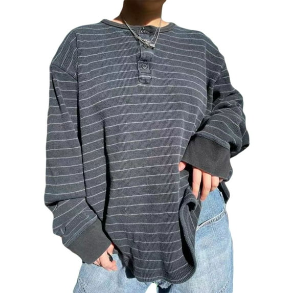 Liacowi Women Striped Pullovers Oversized Vintage Knitted Sweater Long Sleeve Loose Casual T Shirts