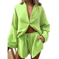 thumbnail image 1 of Liacowi Women Summer 2Pcs Outfit Sets Long Sleeve Lapel Button Shirt + Solid Color Drawstring Shorts Loungewear, 1 of 9