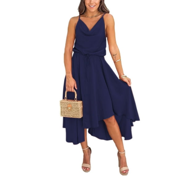 Liacowi Women Summer Casual Long Dress V Neck Drawstring Waist Sleeveless Dress Plus Size Irregular Hem Flowy Loose Dresses