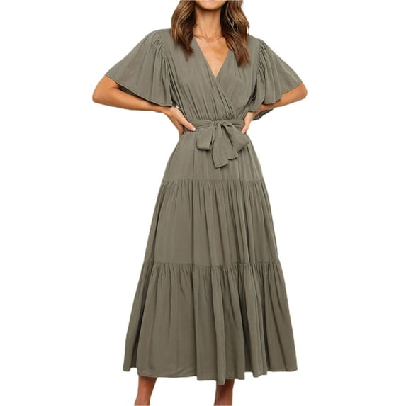 Liacowi Women Summer Dress with Waist Belt, Plain Short Sleeve Ruched V-Neck Loose Dress, Ladies Casual Long One-Piece