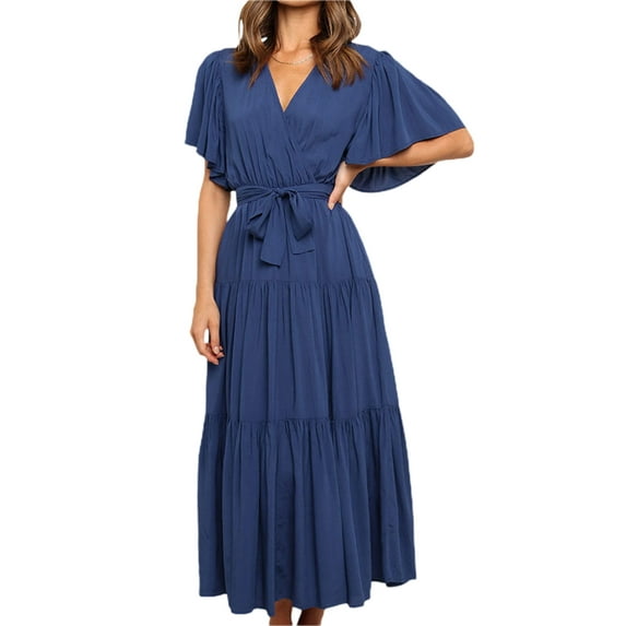 Liacowi Women Summer Dress with Waist Belt, Plain Short Sleeve Ruched V-Neck Loose Dress, Ladies Casual Long One-Piece