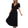 thumbnail image 1 of Liacowi Women Summer Dress with Waist Belt, Plain Short Sleeve Ruched V-Neck Loose Dress, Ladies Casual Long One-Piece, 1 of 4