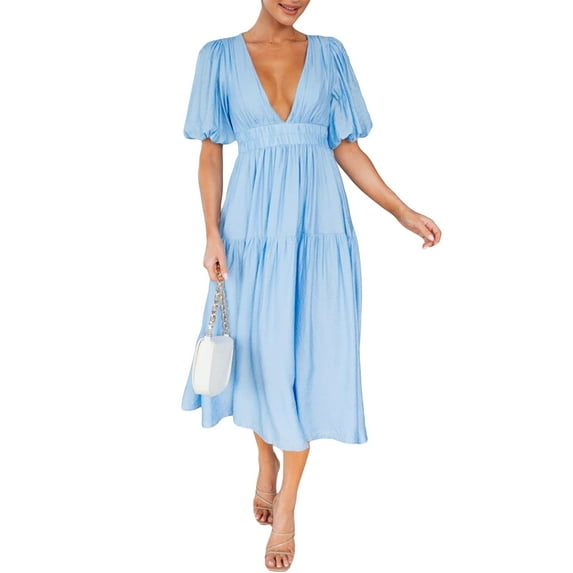 Liacowi Women Summer Long Dress Deep V Neck Short Puff Sleeve Solid Colour Waist Pleated Ruffle Midi Cocktail Party Dress