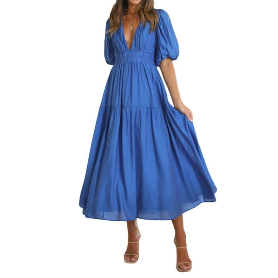 Liacowi Women Summer Long Dress Deep V Neck Short Puff Sleeve Solid Colour Waist Pleated Ruffle Midi Cocktail Party Dress