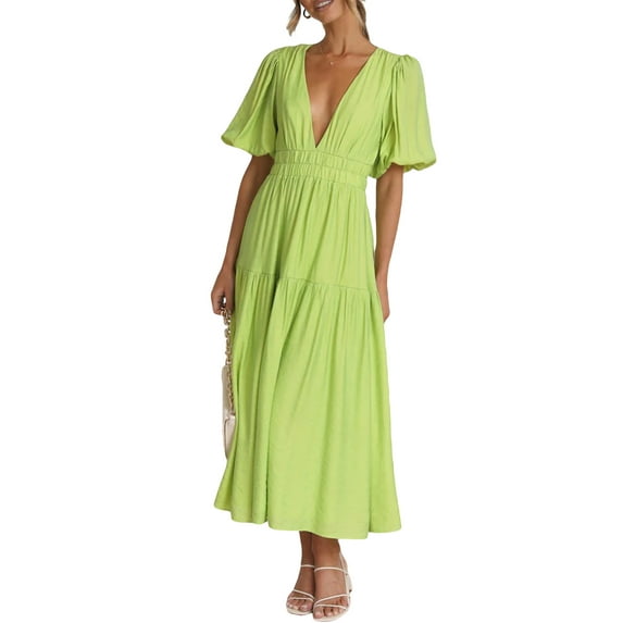 Liacowi Women Summer Long Dress Deep V Neck Short Puff Sleeve Solid Colour Waist Pleated Ruffle Midi Cocktail Party Dress
