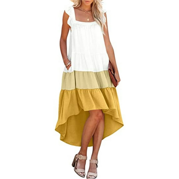 Liacowi Women Summer Ruffled Sleeve Dress, Square Neck Irregular Hem Dress for Beach Date