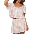 thumbnail image 1 of Liacowi Women Summer Shorts Outfits Plaid Buttons Tie-Up Short Sleeve T-Shirts Tops Elastic Waist Shorts 2 Pieces Clothes Set, 1 of 9