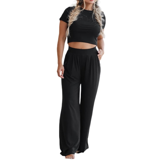 Liacowi Women Summer Solid Two Pieces Outfit Round Neck Short Sleeve Slim Fitted Crop Tops Wide Leg Pants Casual Set