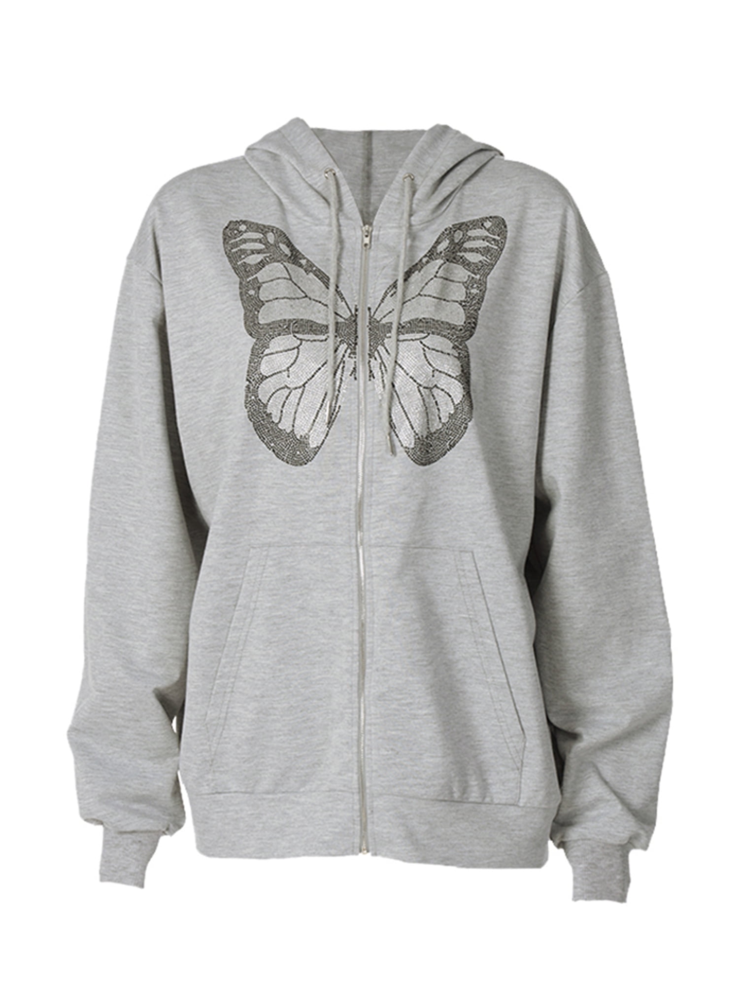 Liacowi Women Sweatshirt Butterfly Rhinestone Zip Up Hoodies