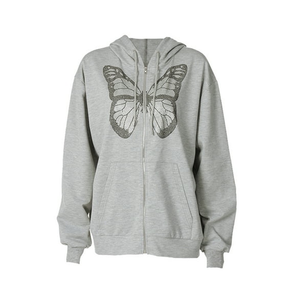 Liacowi Women Sweatshirt Butterfly Rhinestone Zip Up Hoodies Streetwear Jacket