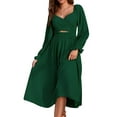 thumbnail image 1 of Liacowi Women Tie Back Long Puff Sleeve Dress Shirred Ruffle V Neck Midi Dress Reversible High Waist A Line Dress, 1 of 5