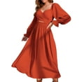 thumbnail image 1 of Liacowi Women Tie Back Long Puff Sleeve Dress Shirred Ruffle V Neck Midi Dress Reversible High Waist A Line Dress, 1 of 5