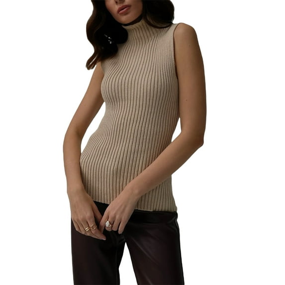 Liacowi Women Turtleneck Sweater Solid Color Slim Fit Knit Sleeveless Pullover Tank Tops Streetwear