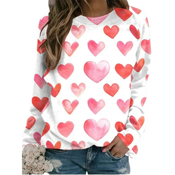 Liacowi Women Valentine's Day Casual Loose Long Sleeve T-Shirt Love Heart Graphic Print Crewneck Raglan Top Plus Size Sweatshirt