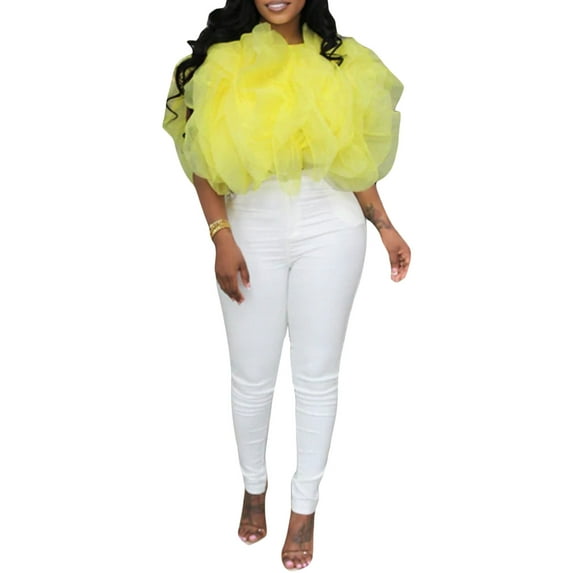 Liacowi Women Vintage Layered Tulle Tutu Crop Tops Sleeveless Sheer Mesh Puffy Bandeau Tube Tank Top Plus Size Ruffle Chiffon Blouse