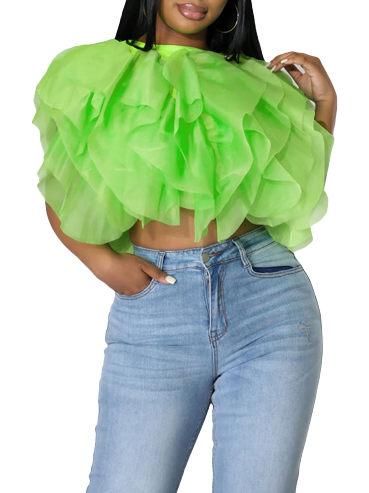 Liacowi Women Vintage Layered Tulle Tutu Crop Tops Sleeveless 
