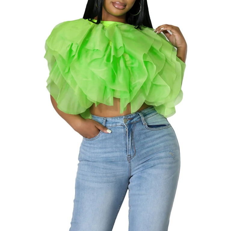 Liacowi Women Vintage Layered Tulle Tutu Crop Tops Sleeveless 