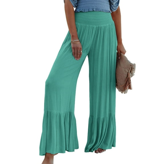 Liacowi Women Wide Leg Palazzo Pants Casual Loose Smocked Elastic Waist Beach Pants Trousers Summer High Waist Wide-Leg Pants