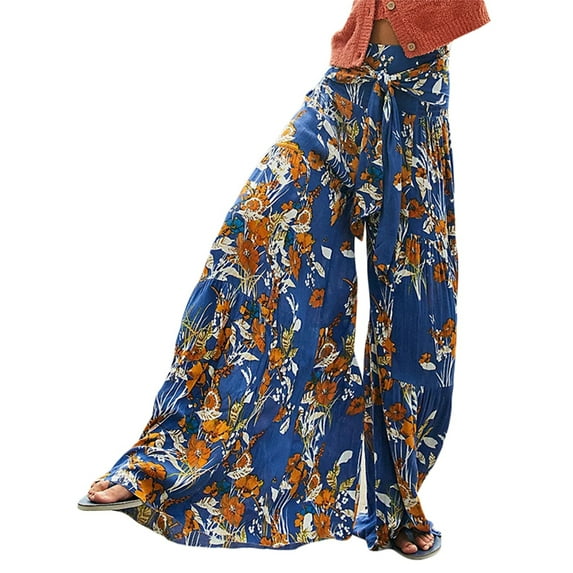 Liacowi Women Wide Leg Palazzo Pants Summer Boho Floral High Waist Flare Pants Beach Flowy Belted Bell Bottoms Trousers