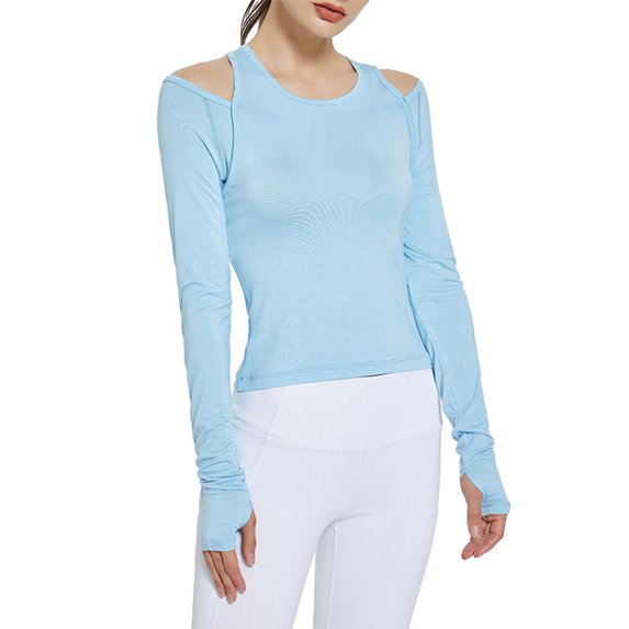 Liacowi Women Workout Tops Solid Color Cutout Long Sleeve Yoga Athletic Shirt for Sports Gym Running Activewear