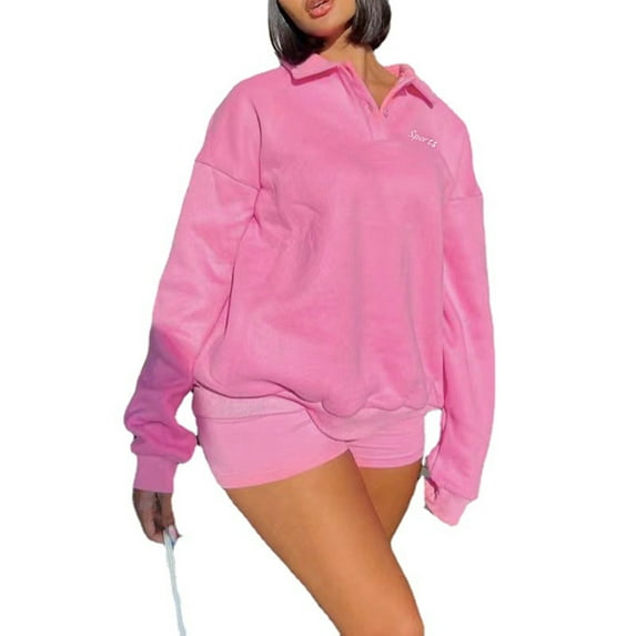 Liacowi Women's 2 Piece Casual Outfits Long Sleeve Letter Embroidery Pullover Solid Color Shorts Sets Streetwear