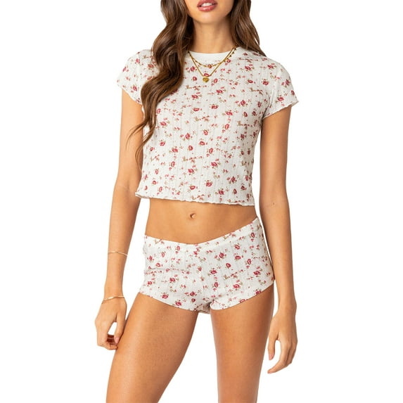 Liacowi Women's 2 Piece Casual Outfits Short Sleeve Crewneck Crop Tops Floral Skinny Shorts Sets Streetwear