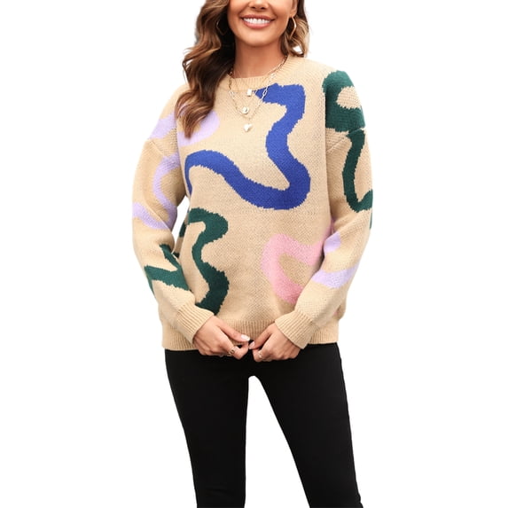 Liacowi Women's Autumn Loose Knit Tops Contrast Color Graphic Print Long Sleeve Round Neck Spring Sweaters Knitwear