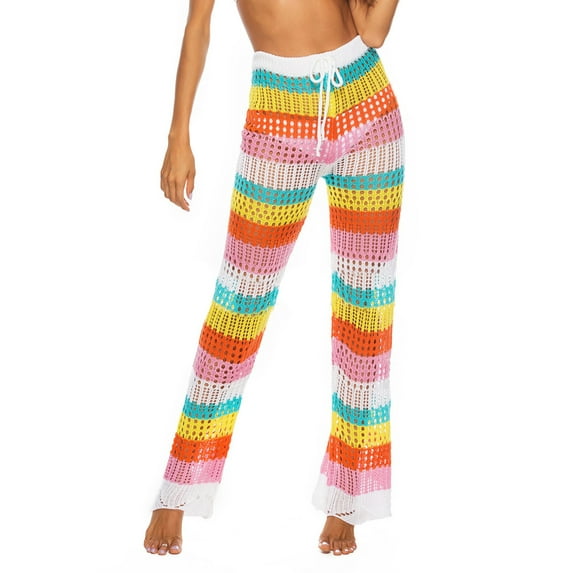 Liacowi Women's Beach Wear Long Pants Rainbow Stripe Pattern Hollow Out High Waist Tie-Up Trousers, Casual Simple Beach Pants