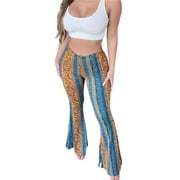 Liacowi Women's Boho High Waist Flare Pants Stretch Bell Bottom Yoga Pants Hippie Flared Leggings 70s Palazzo Pants Trousers Plus Size S-3XL