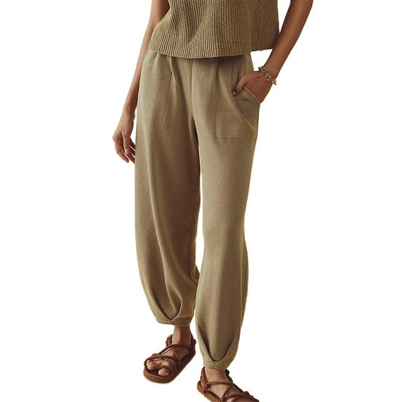Liacowi Women's Casual Knit Pants Elastic Waist Solid Color Harem Pants Lounge Trousers with Pockets