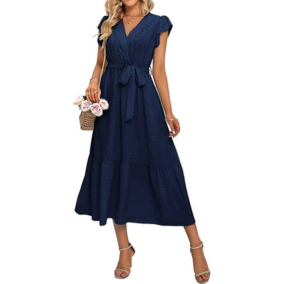 Liacowi Women's Casual Maternity Dress Cap Sleeve Wrap V Neck Swiss Dots Pregnancy Dress Summer Belted Dress