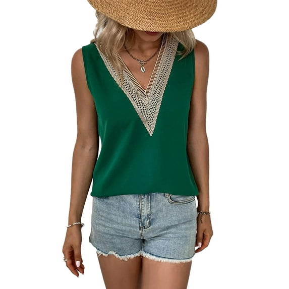 Liacowi Women's Casual Summer Chiffon Tank Top Sleeveless Lace V Neck Patchwork Vest T-shirt Tops