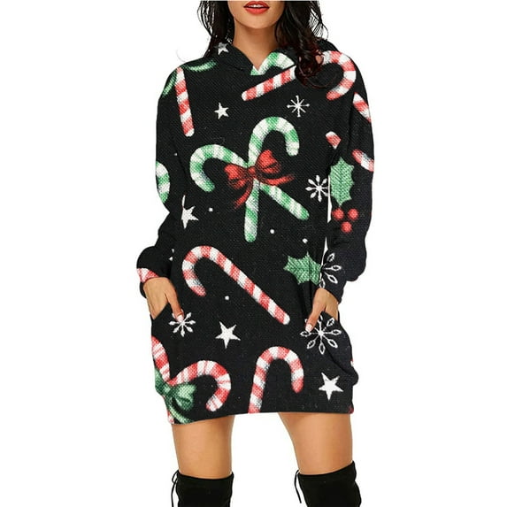 Liacowi Women's Christmas Long Hooded Sweatshirt Long Sleeve Cartoon Print Hoodie Dress with Pockets