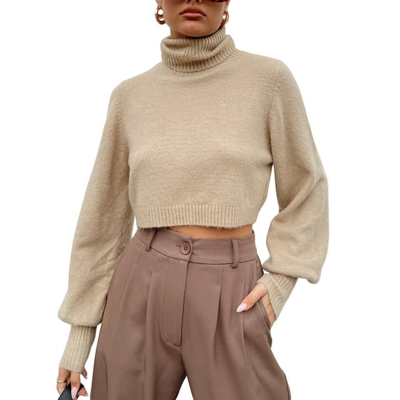 Liacowi Women's Crop Knit Sweater Solid Color Long Sleeve Turtle Neck Sweaters Knitwear Autumn Winter Casual Knit Pullover