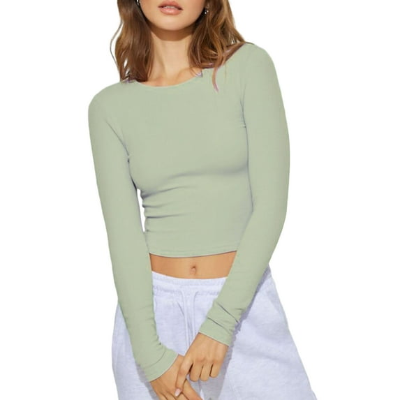 Liacowi Women's Crop Tops Solid Color Long Sleeve Round Neck Show Navel Tops Autumn Casual Slim Fit Tops Streetwear