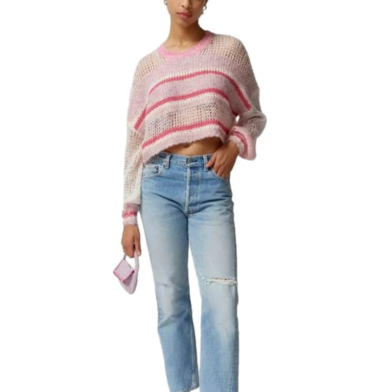 Liacowi Women's Cropped Sweaters Long Sleeve Round Neck Striped Print Knit Pullover Casual Tops