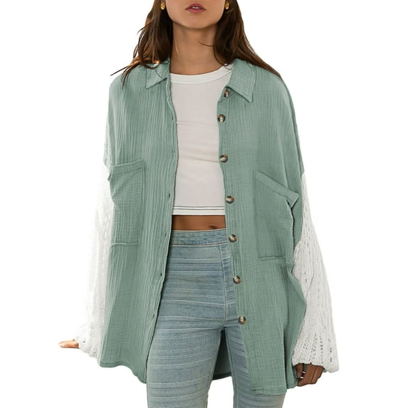 Liacowi Women's Fall Jackets Crochet Patchwork Long Sleeve Button Down Shirts Oversized Blouses with Pockets