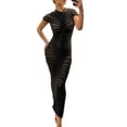 thumbnail image 1 of Liacowi Women's Knit Midi Slim Dress Solid Color Mock-Neck Short Sleeve Sheer Mesh Bodycon Dress for Fall, 1 of 4