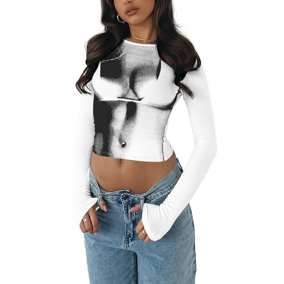 Liacowi Women's Long Sleeve Cropped Tops Vintage Punk Abstract Body Print T-shirts Slim Fit Round Neck Tops Streetwear