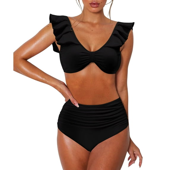 Liacowi Women's Ruffle Swimsuit Bikini 2 Piece V Neck Bra Summer Beach Thong Swimwear Pond Party